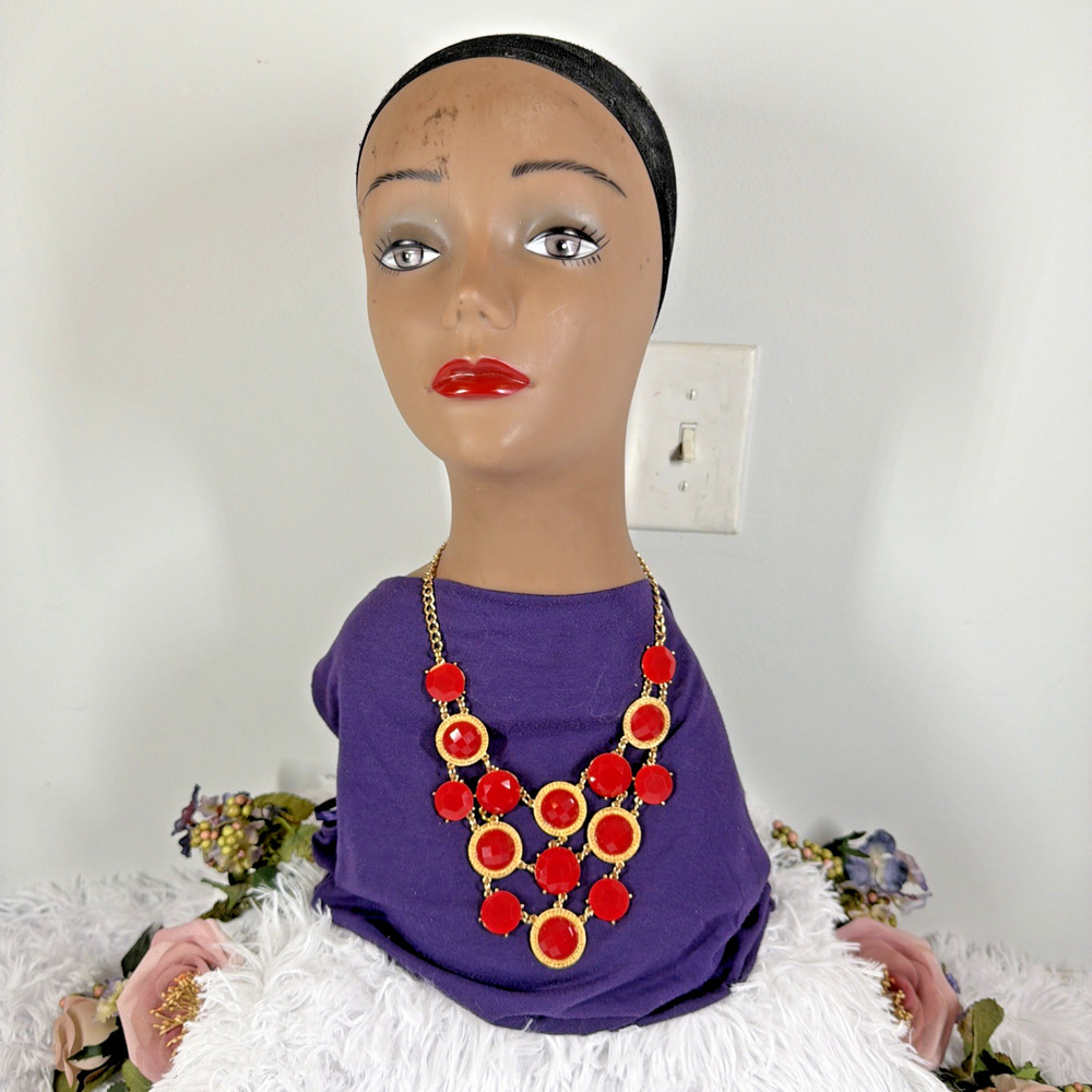 Red Faceted Bead Statement Necklace Gold Tone Layered Bib Chunky Adjustable